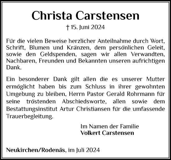 Traueranzeige von Christa Carstensen von Husumer Nachrichten, Nordfriesland Tageblatt