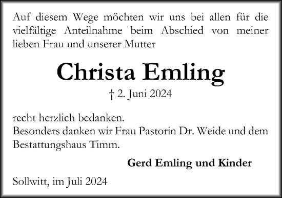 Traueranzeige von Christa Emling von Husumer Nachrichten, Nordfriesland Tageblatt