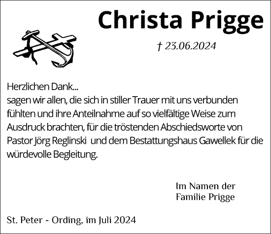 Traueranzeige von Christa Prigge von Husumer Nachrichten, Nordfriesland Tageblatt