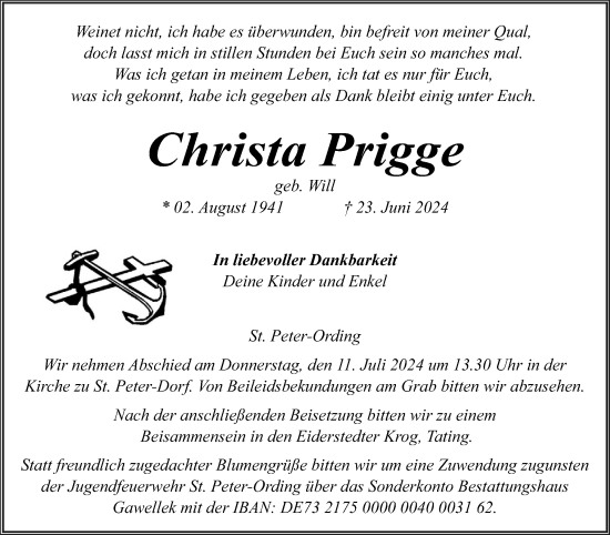 Traueranzeige von Christa Prigge von Husumer Nachrichten, Nordfriesland Tageblatt