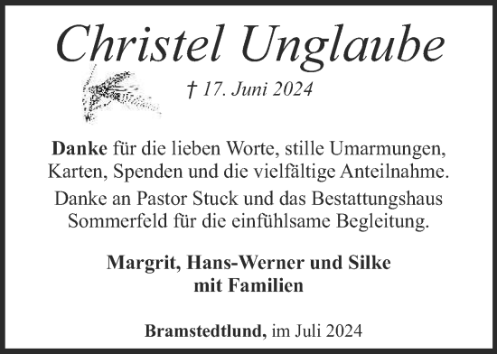 Traueranzeige von Christel Unglaube von Region Flensburg