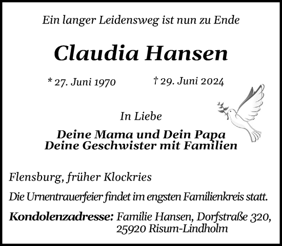 Traueranzeige von Claudia Hansen von Husumer Nachrichten, Nordfriesland Tageblatt