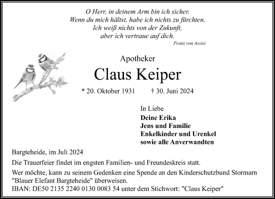 Traueranzeige von Claus Keiper von Stormaner Tageblatt