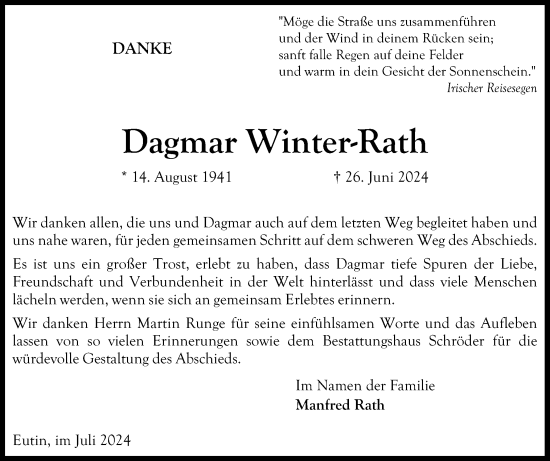 Traueranzeige von Dagmar Winter-Rath von Ostholsteiner Anzeiger