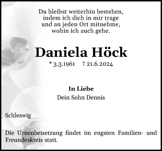 Traueranzeige von Daniela Höck von Schleswiger Nachrichten, Schlei-Bote