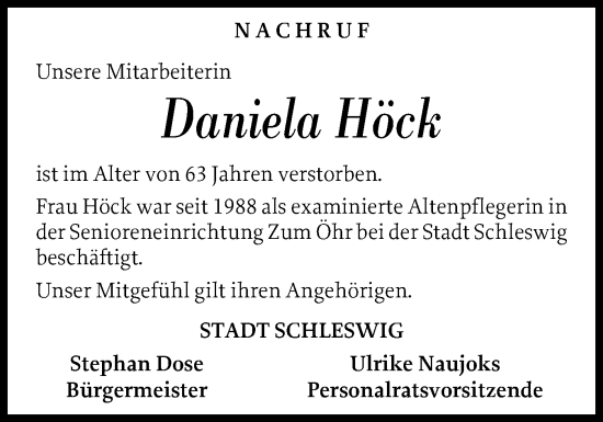 Traueranzeige von Daniela Höck von Schleswiger Nachrichten, Schlei-Bote