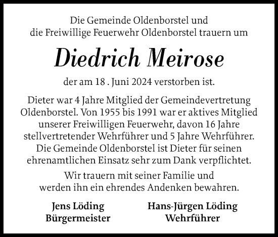 Traueranzeige von Diedrich Meirose von Norddeutsche Rundschau, Wilstersche Zeitung, Glückstädter Fortuna