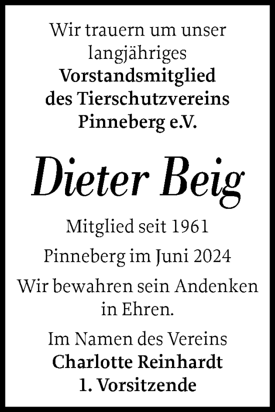 Traueranzeige von Dieter Beig von Region Pinneberg und tip Pinneberg