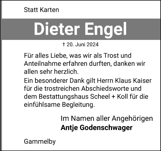 Traueranzeige von Dieter Engel von Eckernförder Zeitung, Hallo Eckernförde