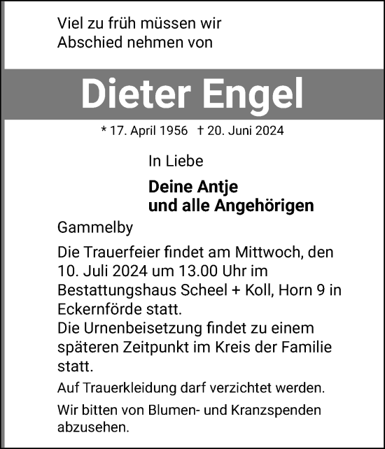 Traueranzeige von Dieter Engel von Eckernförder Zeitung, Hallo Eckernförde