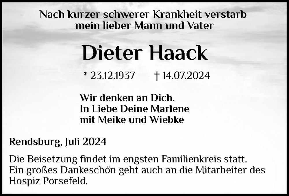  Traueranzeige für Dieter Haack vom 20.07.2024 aus Schleswig-Holsteinische Landeszeitung