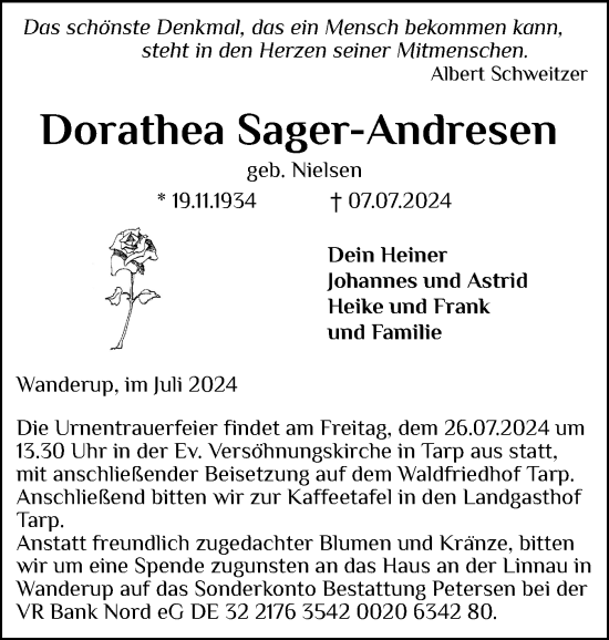 Traueranzeige von Dorathea Sager-Andresen von Flensburger Tageblatt