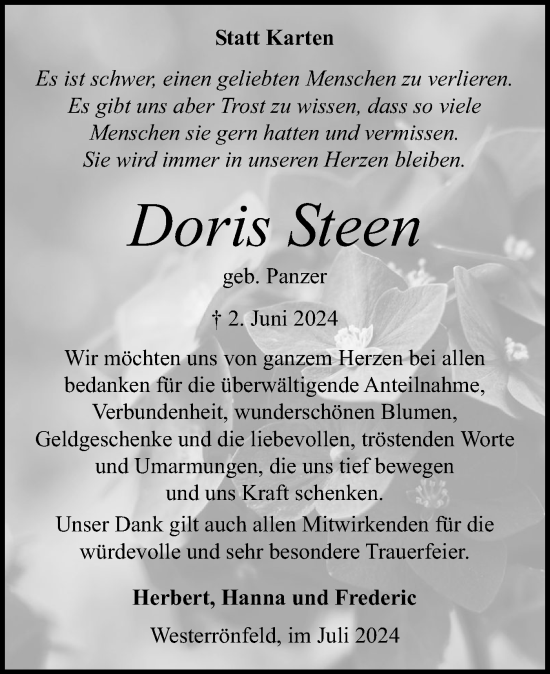 Traueranzeige von Doris Steen von Schleswig-Holsteinische Landeszeitung