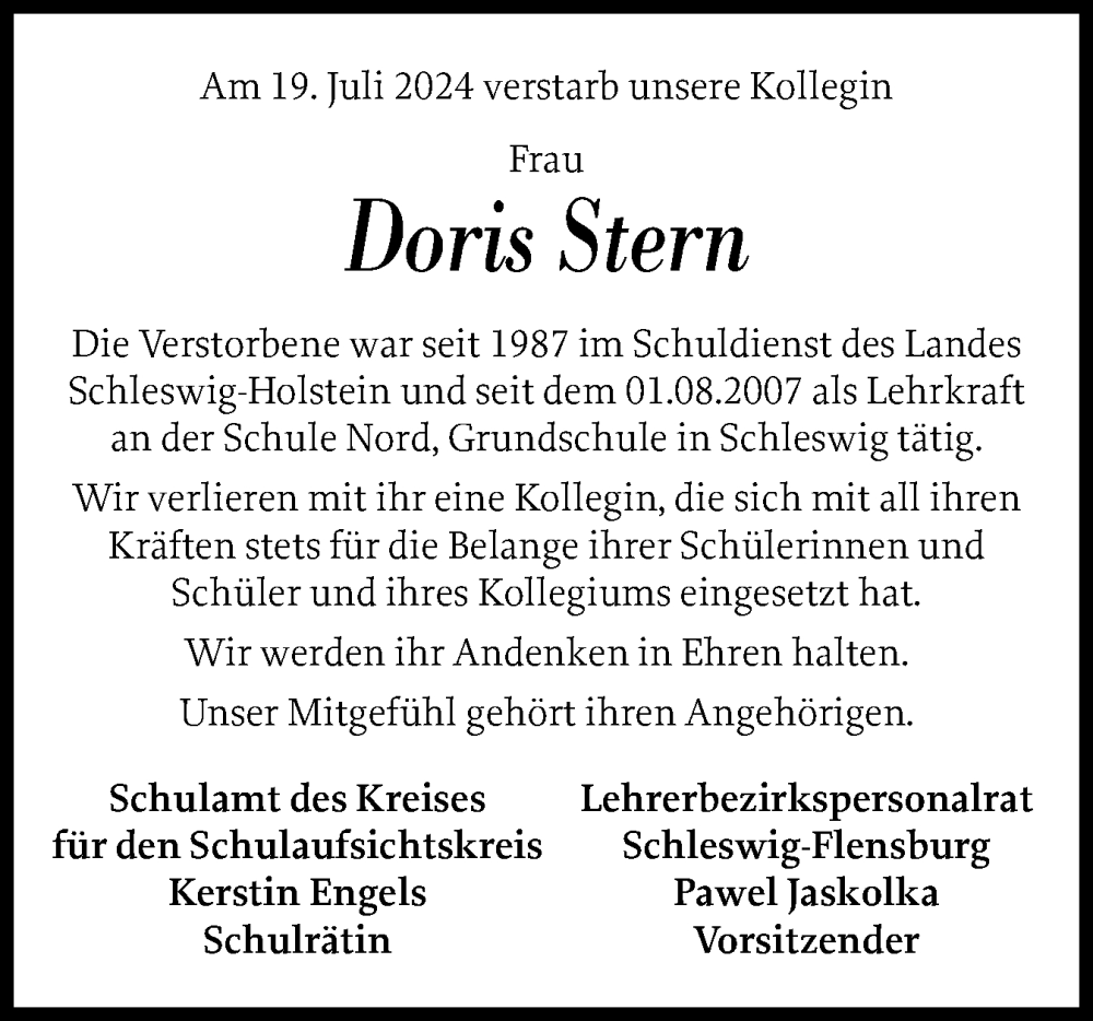  Traueranzeige für Doris Stern vom 29.07.2024 aus Schleswiger Nachrichten, Schlei-Bote