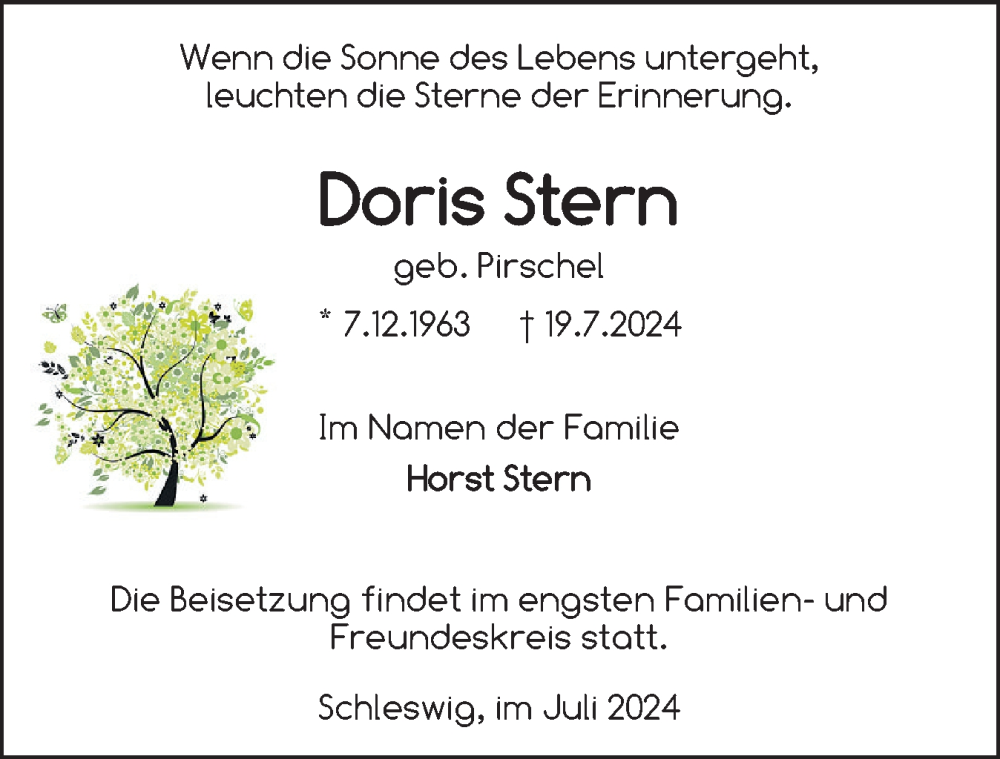  Traueranzeige für Doris Stern vom 27.07.2024 aus Schleswiger Nachrichten, Schlei-Bote