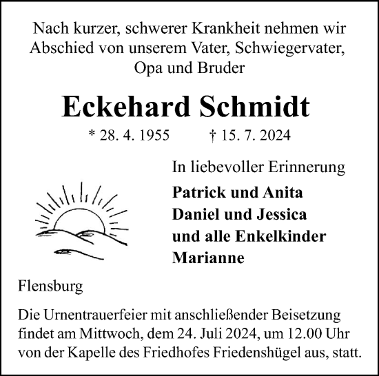 Traueranzeige von Eckehard Schmidt von Flensburger Tageblatt