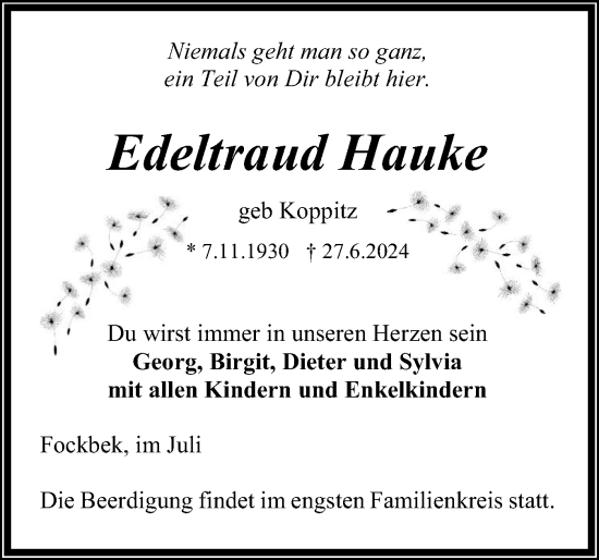 Traueranzeige von Edeltraud Hauke von Schleswig-Holsteinische Landeszeitung