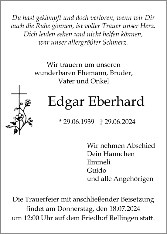 Traueranzeige von Edgar Eberhard von Region Pinneberg und tip Pinneberg