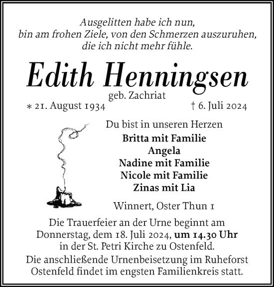 Traueranzeige von Edith Henningsen von Husumer Nachrichten, Nordfriesland Tageblatt