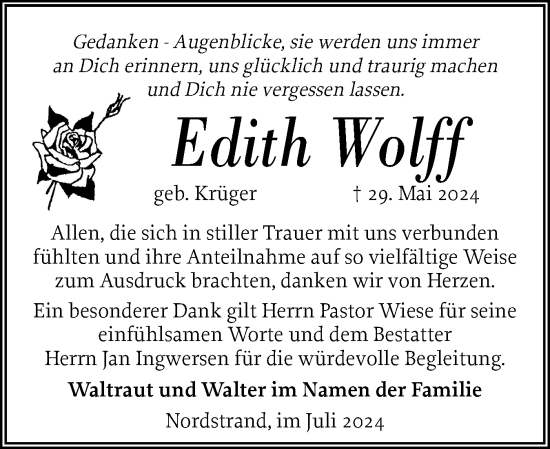 Traueranzeige von Edith Wolff von Husumer Nachrichten, Nordfriesland Tageblatt