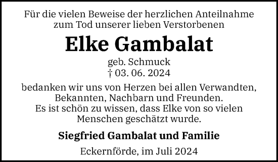 Traueranzeige von Elke Gambalat von Eckernförder Zeitung, Hallo Eckernförde