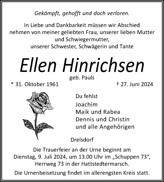 Traueranzeige von Ellen Hinrichsen von Husumer Nachrichten, Nordfriesland Tageblatt