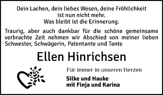 Traueranzeige von Ellen Hinrichsen von Husumer Nachrichten, Nordfriesland Tageblatt