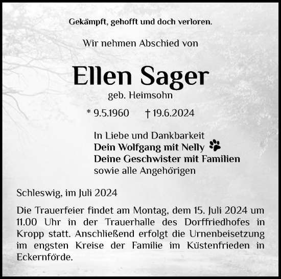 Traueranzeige von Ellen Sager von Schleswiger Nachrichten, Schlei-Bote