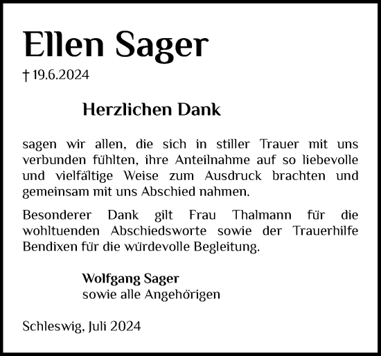 Traueranzeige von Ellen Sager von Schleswiger Nachrichten, Schlei-Bote