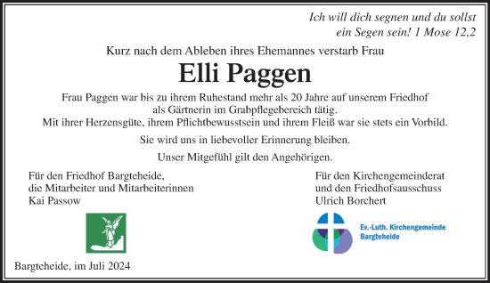 Traueranzeige von Elli Paggen von Stormaner Tageblatt