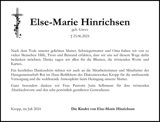 Traueranzeige von Else-Marie Hinrichsen von Schleswig-Holsteinische Landeszeitung