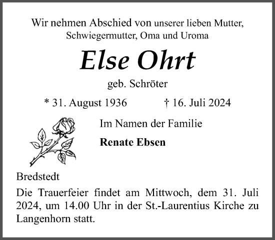 Traueranzeige von Else Ohrt von Husumer Nachrichten, Nordfriesland Tageblatt