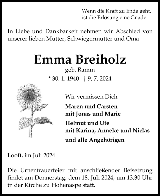 Traueranzeige von Emma Breiholz von Norddeutsche Rundschau, Wilstersche Zeitung, Glückstädter Fortuna