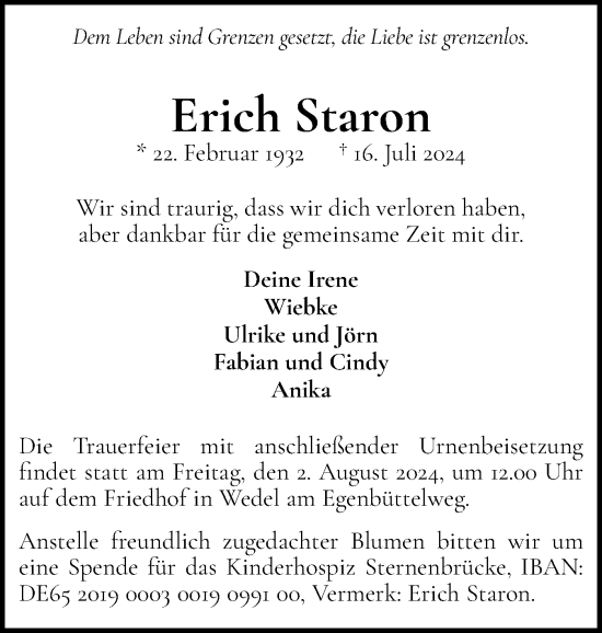 Traueranzeige von Erich Staron von Wedel-Schulauer Tageblatt, tip Wedel-Schulauer Tageblatt, tip Rissener Rundschau