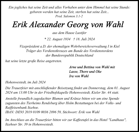 Traueranzeige von Erik Alexander Georg von Wahl von Schleswig-Holsteinische Landeszeitung