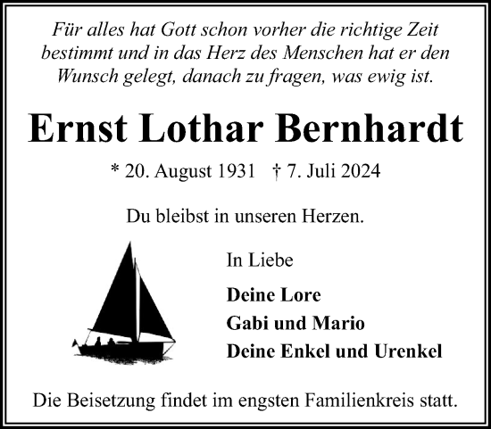 Traueranzeige von Ernst Lothar Bernhardt von Flensburger Tageblatt
