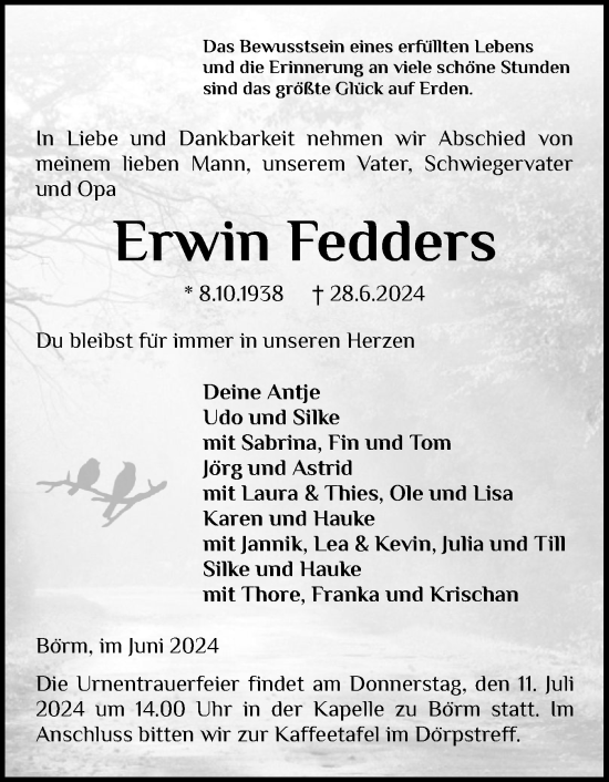 Traueranzeige von Erwin Fedders von Schleswiger Nachrichten, Schlei-Bote