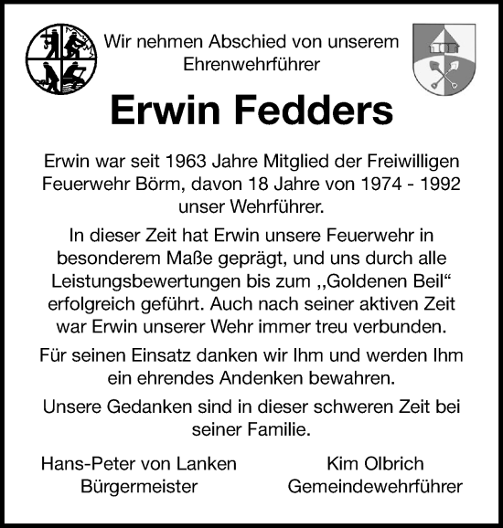 Traueranzeige von Erwin Fedders von Schleswig-Holsteinische Landeszeitung