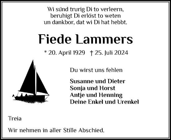 Traueranzeige von Fiede Lammers von Schleswiger Nachrichten, Schlei-Bote