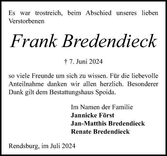 Traueranzeige von Frank Bredendieck von Schleswig-Holsteinische Landeszeitung