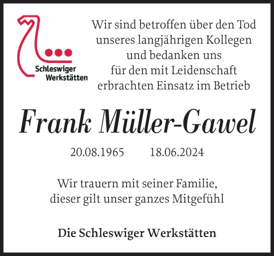 Traueranzeige von Frank Müller-Gawel von Schleswiger Nachrichten, Schlei-Bote