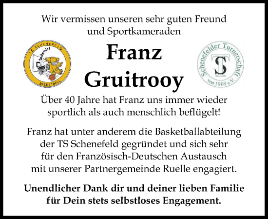 Traueranzeige von Franz Gruitrooy von Norddeutsche Rundschau, Wilstersche Zeitung, Glückstädter Fortuna