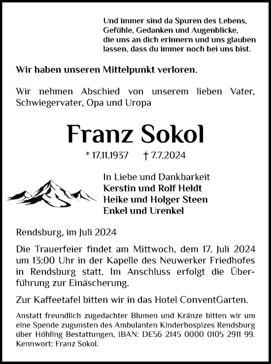 Traueranzeige von Franz Sokol von Schleswig-Holsteinische Landeszeitung