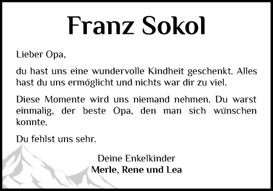 Traueranzeige von Franz Sokol von Schleswig-Holsteinische Landeszeitung