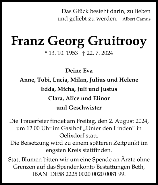 Traueranzeige von Franz Georg Gruitrooy von Norddeutsche Rundschau, Wilstersche Zeitung, Glückstädter Fortuna