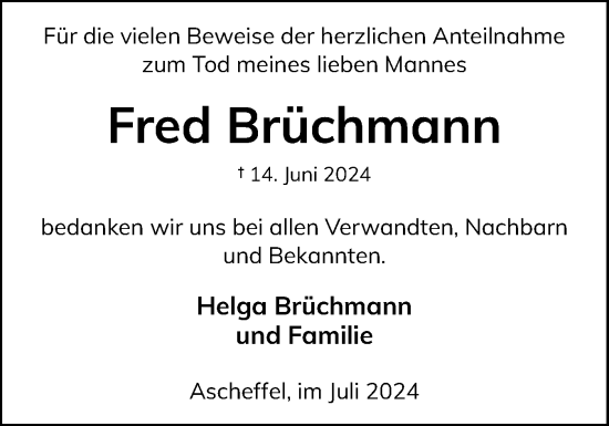 Traueranzeige von Fred Brüchmann von Eckernförder Zeitung, Hallo Eckernförde