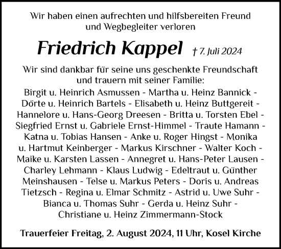 Traueranzeige von Friedrich Kappel von Eckernförder Zeitung, Hallo Eckernförde