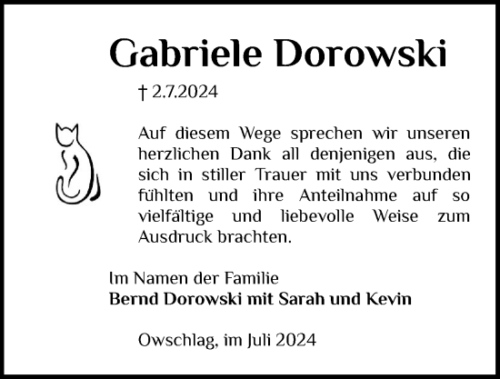 Traueranzeige von Gabriele Dorowski von Schleswig-Holsteinische Landeszeitung