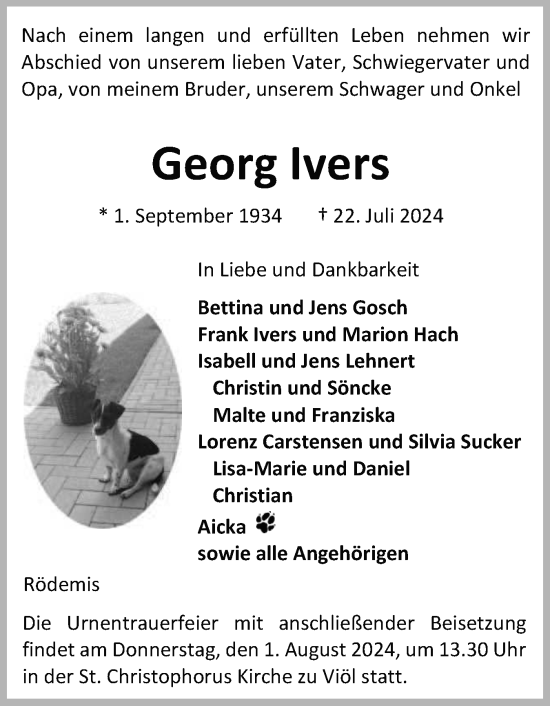 Traueranzeige von Georg Ivers von Husumer Nachrichten, Nordfriesland Tageblatt