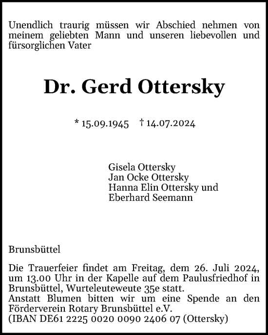 Traueranzeige von Gerd Ottersky von Der Insel-Bote